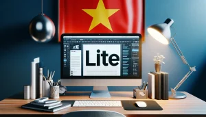 DALL·E 2024-01-05 22.50.53 - A modern workspace featuring a larger, more prominent display of the word 'LITE' on a computer screen, showcasing content writing software. The desk i Phần mềm viết content tự động vMixGPT Lite