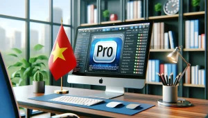 DALL·E 2024-01-05 22.51.15 - Recreate the modern workspace setting with a computer screen displaying content writing software labeled 'PRO', now including a Vietnamese flag in the Phần mềm viết content tự động vMixGPT Pro