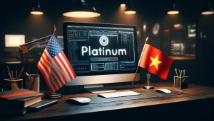 DALL·E 2024-01-05 22.51.25 - Recreate the image of a modern workspace, this time placing both a Vietnamese flag and an American flag on the desk. The computer screen prominently d vmixgpt platinum