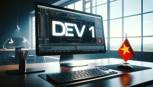 DALL·E 2024-01-06 10.58.39 - A close-up view of a modern and professional workspace for a multimedia content creator. The desk showcases a computer screen with the text 'DEV 1' di vmixgpt dev 1