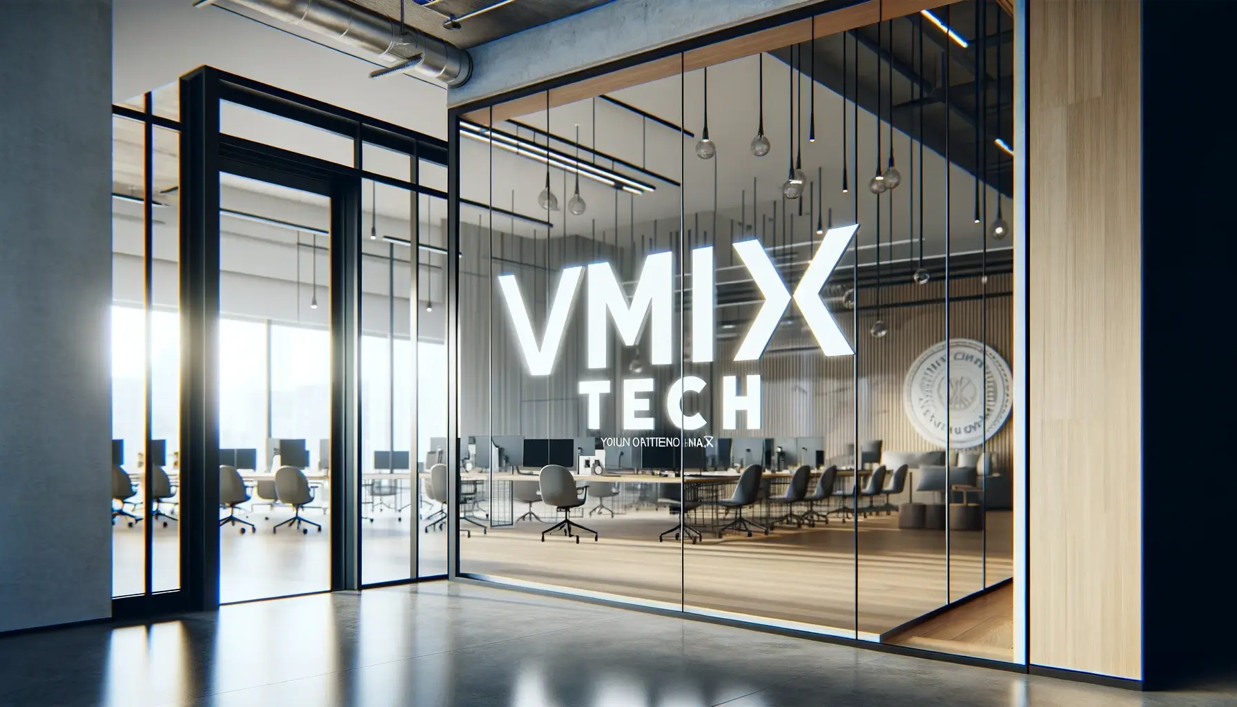 DALL·E 2024-01-14 20.06.04 - A photo-realistic close-up view of a technology company's glass wall, with the large, bold inscription 'VMIX TECH' displayed on it. The image should b Tích hợp AI Chatbot vào Tiktok