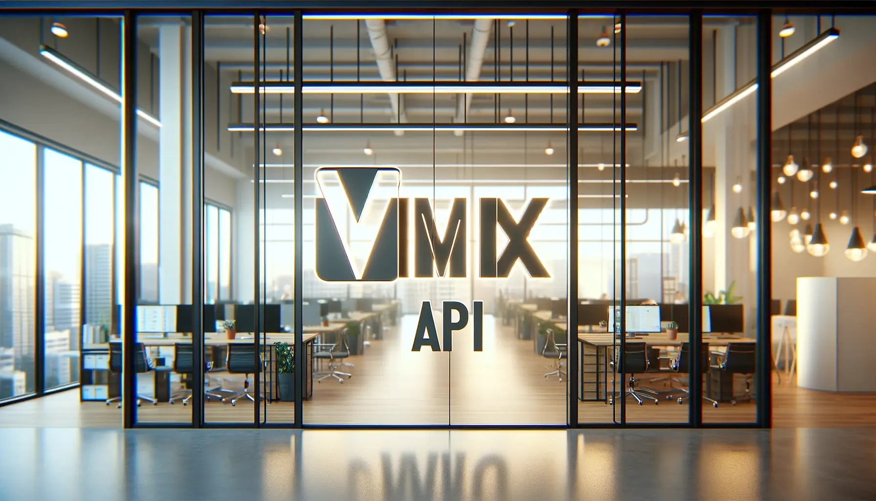 DALL·E 2024-01-14 20.07.20 - A photo-realistic close-up of a technology company's glass wall, directly from the front view, with the large, bold inscription 'VMIX API' on it. The Cung cấp OpenAI API cho N8N