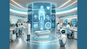 DALL·E 2024-06-02 22.49.47 - A futuristic medical clinic with AI chatbots assisting doctors, analyzing patient data on holographic screens, and interacting with patients. The envi (1) Xây dựng AI Chatbot cho nghành y tế